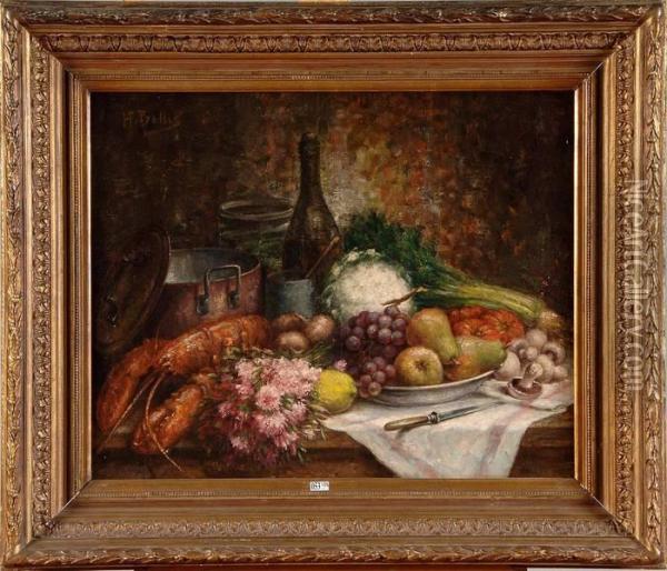 Nature Morte Au Homard, Aux Fruits, Aux Fleurs Et Aux Legumes Oil Painting - Hubert Bellis