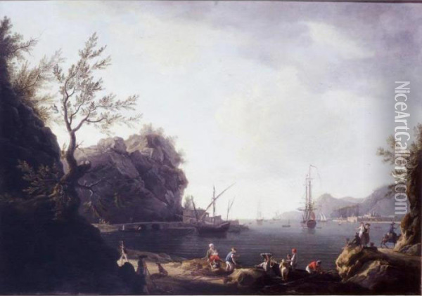 A Mediterranean Coastal Scene With A Frigate Flying The Red Ensign Oil Painting - Thomas Patch