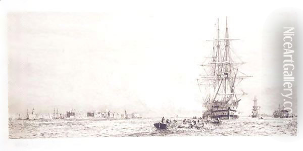 Three masted ship in mediterranean harbour Oil Painting - William Lionel Wyllie