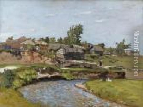 Russian Village By A River Oil Painting - Mikhail Markelovich Guzhavin