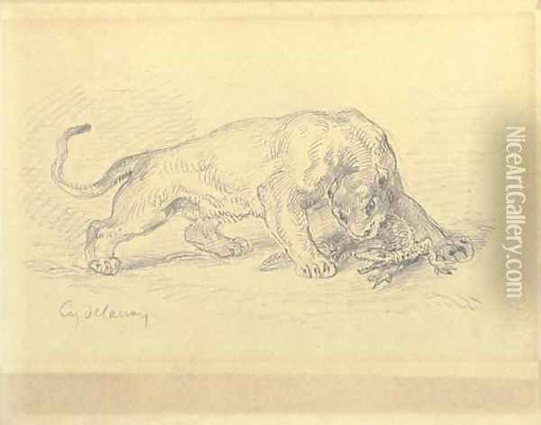A lioness attacking a crocodile Oil Painting - Eugene Delacroix