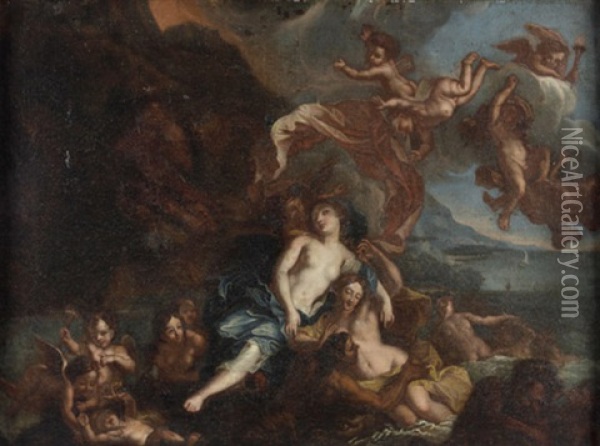 Galatea Und Polyhemus, Vielfigurige Darstellung Mit Kleinen Eroten Oil Painting - Agostino Carracci