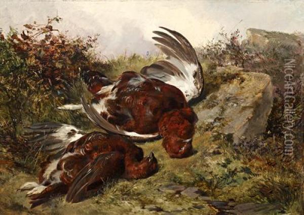 Still Life Of Grouse On A Bank Oil Painting - James Jnr Hardy