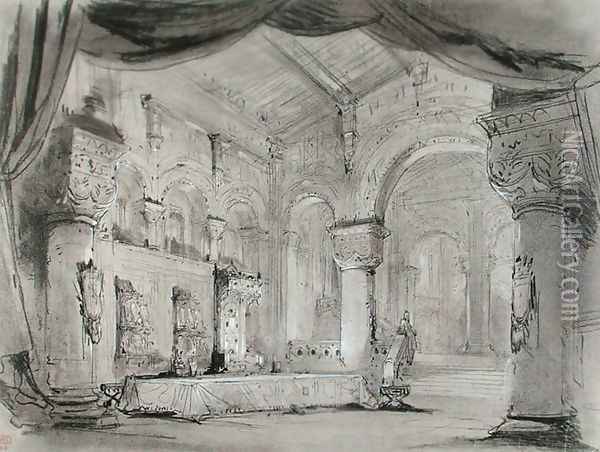 Set design of the palace interior for a performance of the opera 'Macbeth' Oil Painting - Charles Antoine Cambon