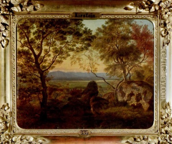 Blick Durch Zwei Baume Auf Eine Weite Vorgebirgslandschaft Im Licht Der Abendsonne Oil Painting - Adolf Kirstein
