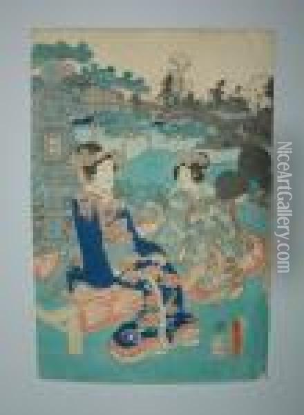 Femme Et Fillette Assise Sur Un Banc Devant Une Lanterne Oil Painting - Utagawa Toyokuni Iii
