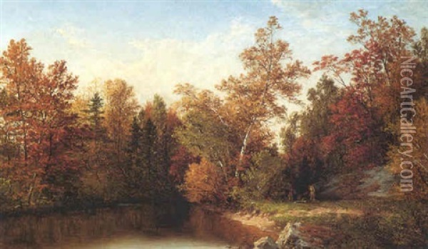 Fall Landscape With Indians And Campfire Oil Painting - Cornelius David Krieghoff