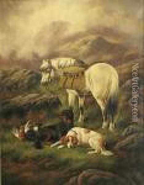 A Horse And Hunting Dogs In A Highland Landscape Oil Painting - John Gifford