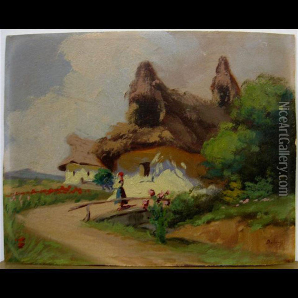 Figure By Country Home Oil Painting - Viktor Gesa Bakonyi