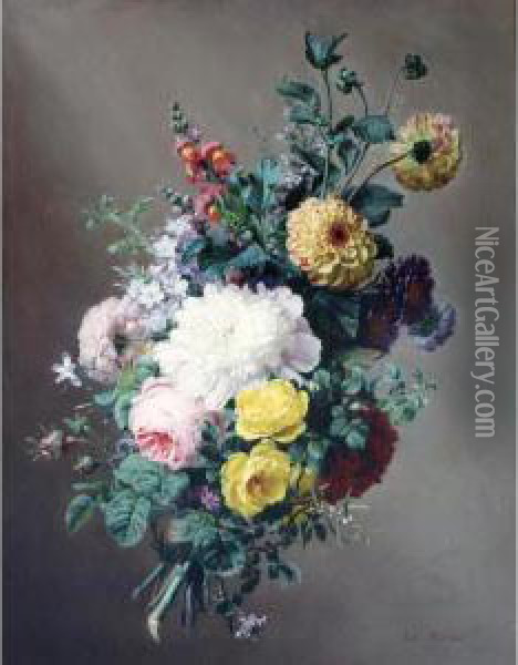 A Bouquet Of Dahlias, Larkspur And Roses Oil Painting - Claude Louis Marie Revol