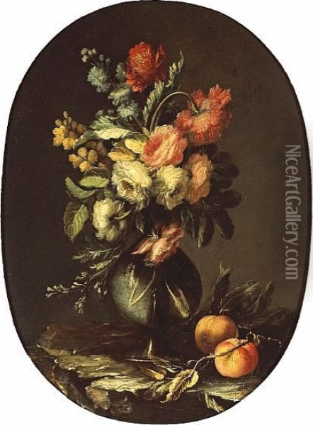 A Still Life Of Flowers In A Vase Along Withtwo Peaches On A Ledge; Also A Companion Still Life (a Pair) Oil Painting - Domenico Bettini