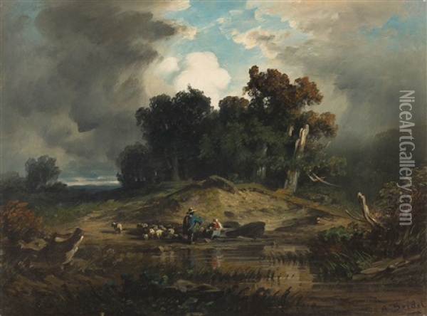 Schafer Mit Herde Am Gewasser Oil Painting - August Seidel