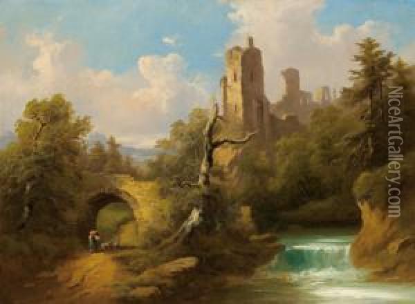 Circle Fortress Ruins With Figurative Decor Oil Painting - Franz Barbarini