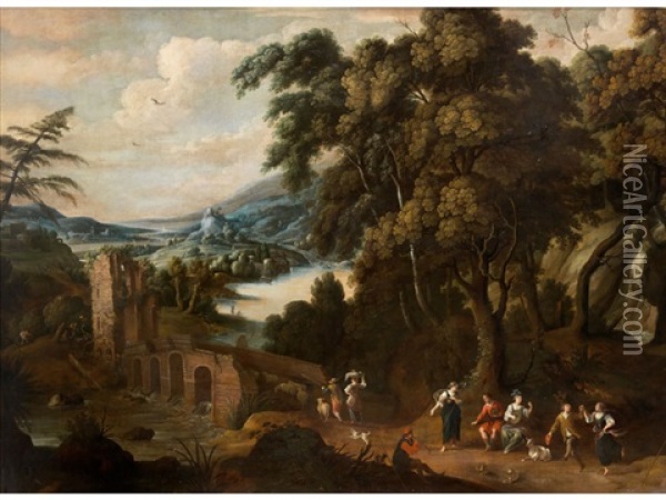 Baumlandschaft Mit Flusslauf, Ruine Und Figurenstaffage Oil Painting - Cornelis Huysmans