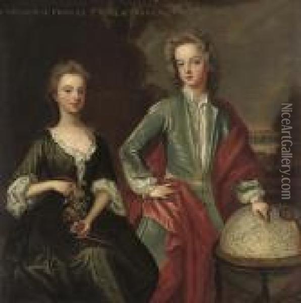Double Portrait Of The Children 
Of Francis, 2nd Earl Of Godolphin (1678-1766), Three-quarter-length, She
 Seated, In A Green Dress, With A Garland Of Flowers, He Standing, With 
His Hand Resting On A Globe Pointing At England, A Landscape Beyond Oil Painting - Michael Dahl
