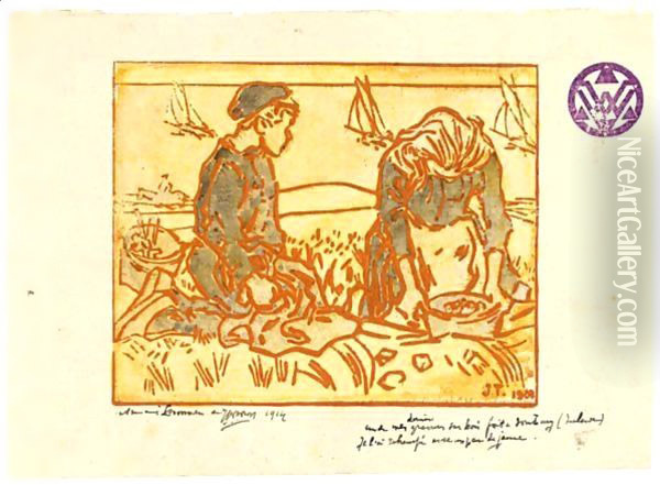 A Boy And Girl Digging Potatoes In The Dunes Oil Painting - Jan Toorop
