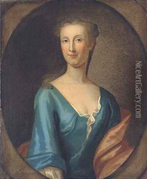 Portrait of Martha Rawson of Bolling, bust-length, in a blue dress and red wrap, in a feigned oval Oil Painting - Sir Godfrey Kneller