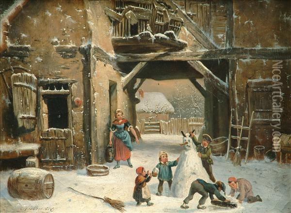 Children Building A Snowman Oil Painting - Louis-Claude Mallebranche