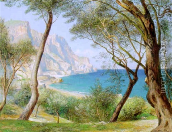 Blick Nach Dem Cap Von Noli, Westliche Riviera Oil Painting - Friedrich Albert Schmidt