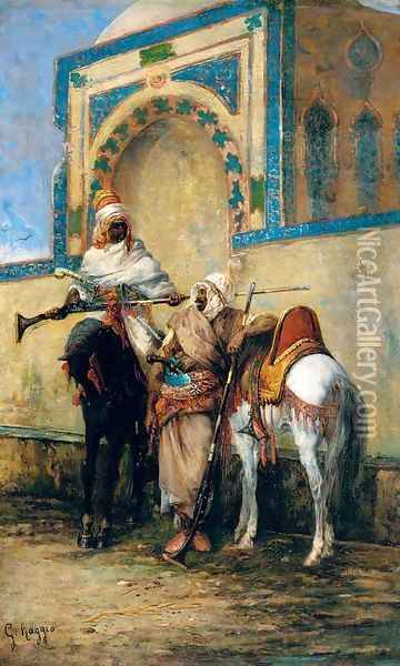 Arab horsemen resting outside a mosque Oil Painting - Giuseppe Raggio