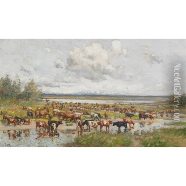 Herd Of Cattle Grazing By The Water Oil Painting - George Horne Russell