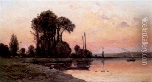 Washing On The Banks Of A River At Sunset Oil Painting - Hippolyte Camille Delpy
