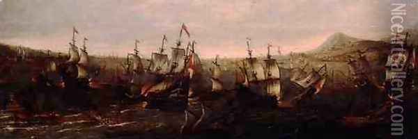An Action between Spanish Ships and Barbary Galleys in a Mediterranean Harbour Oil Painting - Jacob Feyt de Vries
