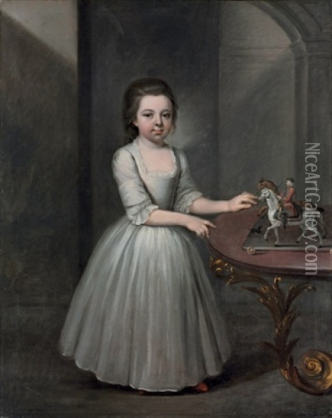 Portrait Of A Young Girl In An Oyster Satin Dress, By A Table With A Figurine Of A Soldier On Horeseback Oil Painting - Francis Brerewood
