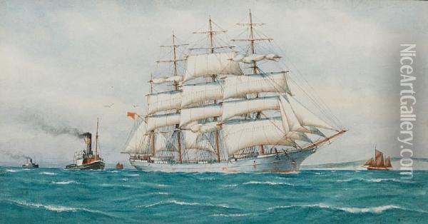 Sailing Vessel At Journey's End Together Withanother In Tow Oil Painting - Pelham Jones