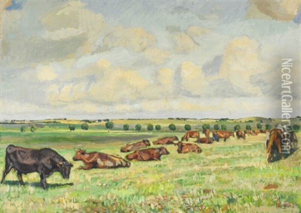Landscape With Cows Grazing, Summer Oil Painting - Fritz Syberg