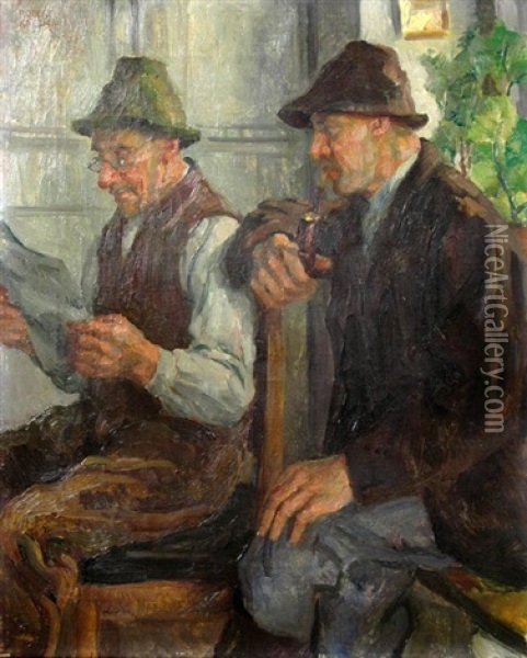 Farmers Reading Newspaper Oil Painting - Robert Knoebel