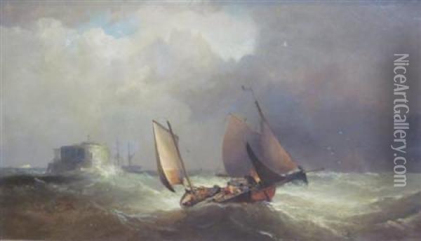 Figures And Fishing Boats In A Swell Oil Painting - John Cheltenham Wake