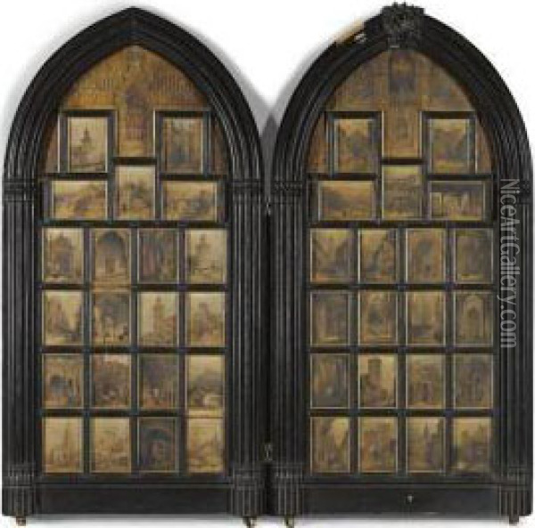 42 Views Of Spanish Towns Including Toledo, Seville, Cordoba,oviedo And Granada, Mounted In A 19th Century Ebonised Gothictwo-fold Screen Oil Painting - Genaro Perez Villaamil Y Duguet