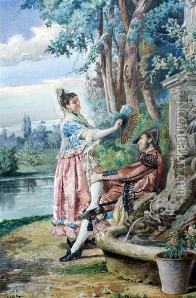 Lovers Beside A Fountain Oil Painting - Belisario Gioja