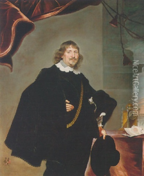 Portrait Of A Nobleman (johann Andreas, Graf Von Liebenberg?) Beside A Table Clock, Holding A Hat Oil Painting - Frans Luyckx