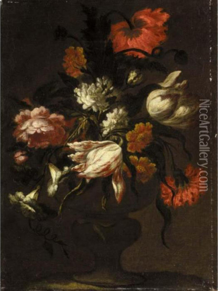 Flower Still Life, Including Roses And Tulips, In A Stone Vase Oil Painting - Mario Nuzzi Mario Dei Fiori