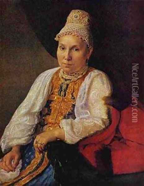 Portrait Of The Merchants Wife Obraztsova 1830s Oil Painting - Aleksei Gavrilovich Venetsianov