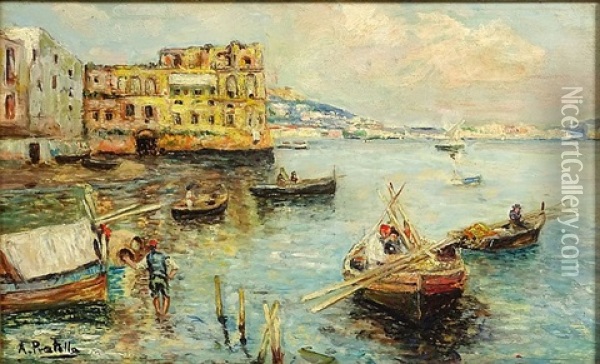 Fishing Boats In Bay Of Naples Oil Painting - Attilio Pratella