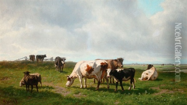 Cattle And Sheep Grazing In An Expansive Sunlit Pasture Oil Painting - Hendrik Savry