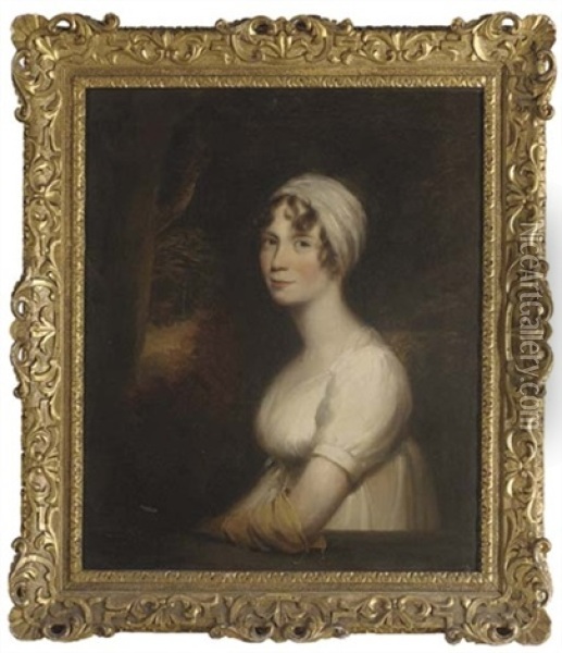 Portrait Of Miss Morley In A White Dress And Yellow Glove, A Landscape Beyond Oil Painting - Sir William Beechey