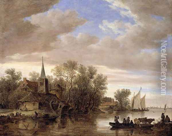 River Landscape with a Cattle-Ferry 1654 Oil Painting - Jan van Goyen