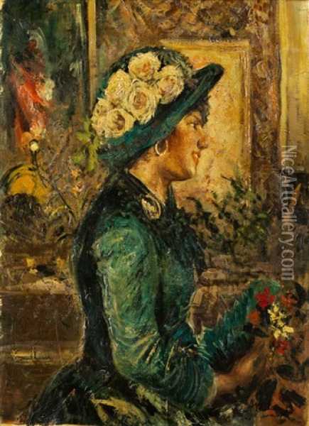 Junge Frau Mit Blumen Oil Painting - Antonio Mancini
