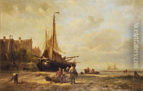 A 'bomschuit' On The Beach Oil Painting - Nicolaas Martinus Wijdoogen