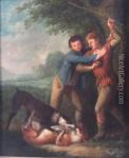 Boys Watching Dogs Fighting Oil Painting - George Morland