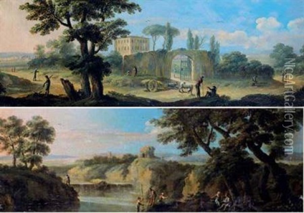 Pecheurs Devant Une Cascade (+ Paysans Devant L'entree D'un Chateau; Pair) Oil Painting - Paolo Anesi