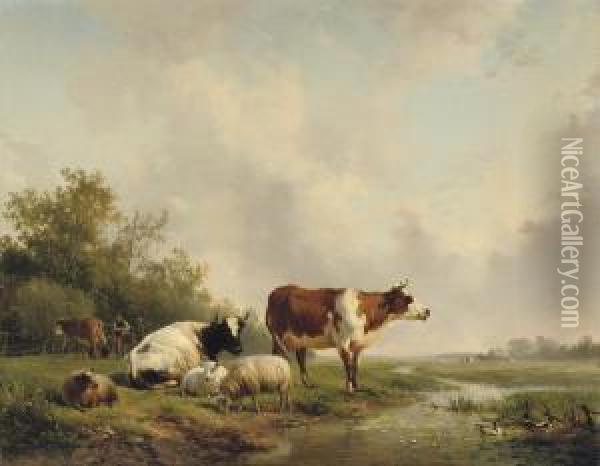 Resting Cattle In A Meadow Oil Painting - Hendrikus van den Sande Bakhuyzen