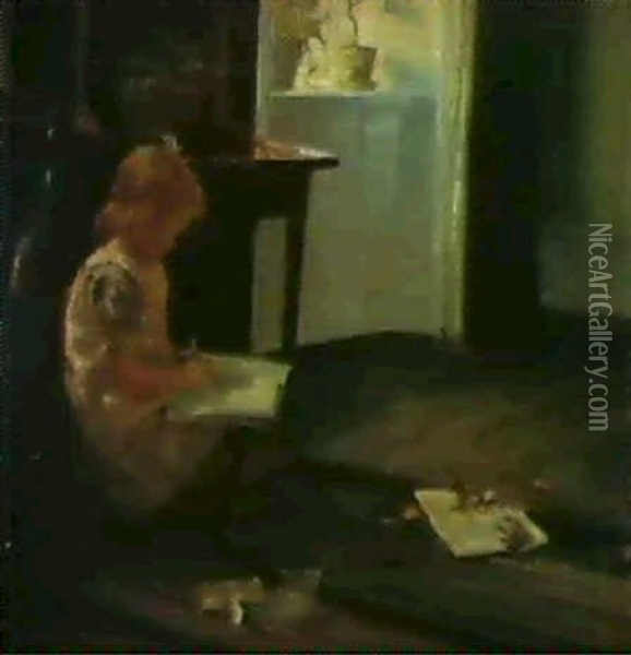 Interior Med Laesede Lille Pige Oil Painting - Carl Vilhelm Holsoe