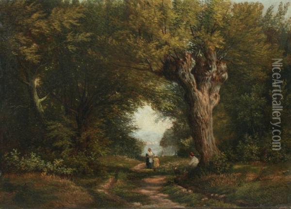 Landschaft Mit Feldweg Und Rastenden Wanderern Oil Painting - Hendrik Barend Koekkoek