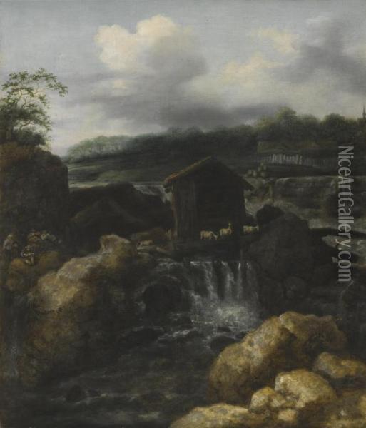 A Nordic Landscape With Herders Resting Beside A Waterfall Oil Painting - Allart Van Everdingen