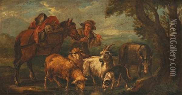 Berger Et Son Troupeau Pres D'une Riviere Oil Painting - Jacob (Rosa di Napoli) Roos